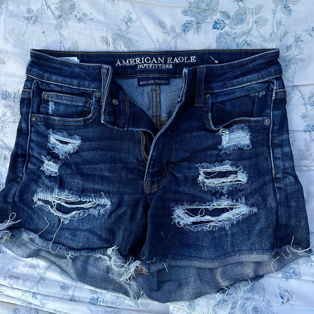 American Eagle Outfitters Dark Blue Ripped Jean Shorts